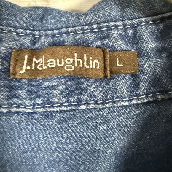 J McLaughlin Jones Denim Shift Dress Blue Raw Fringe Hem Trim Casual - Picture 7 of 12